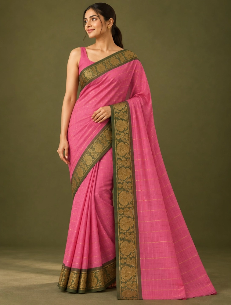 Pink Womens Premium Chettinad Check Saree 