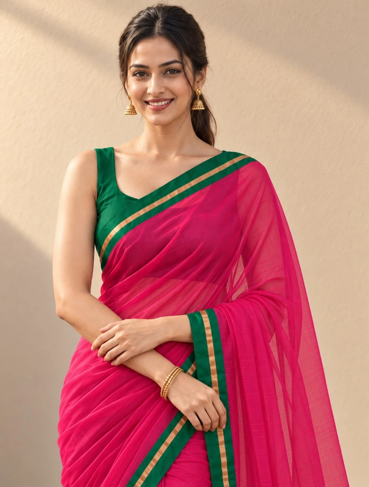 Pink Womens Premium Mul Cotton Saree