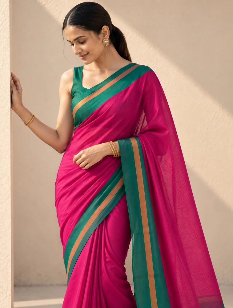 Pink Womens Premium Mul Cotton Saree
