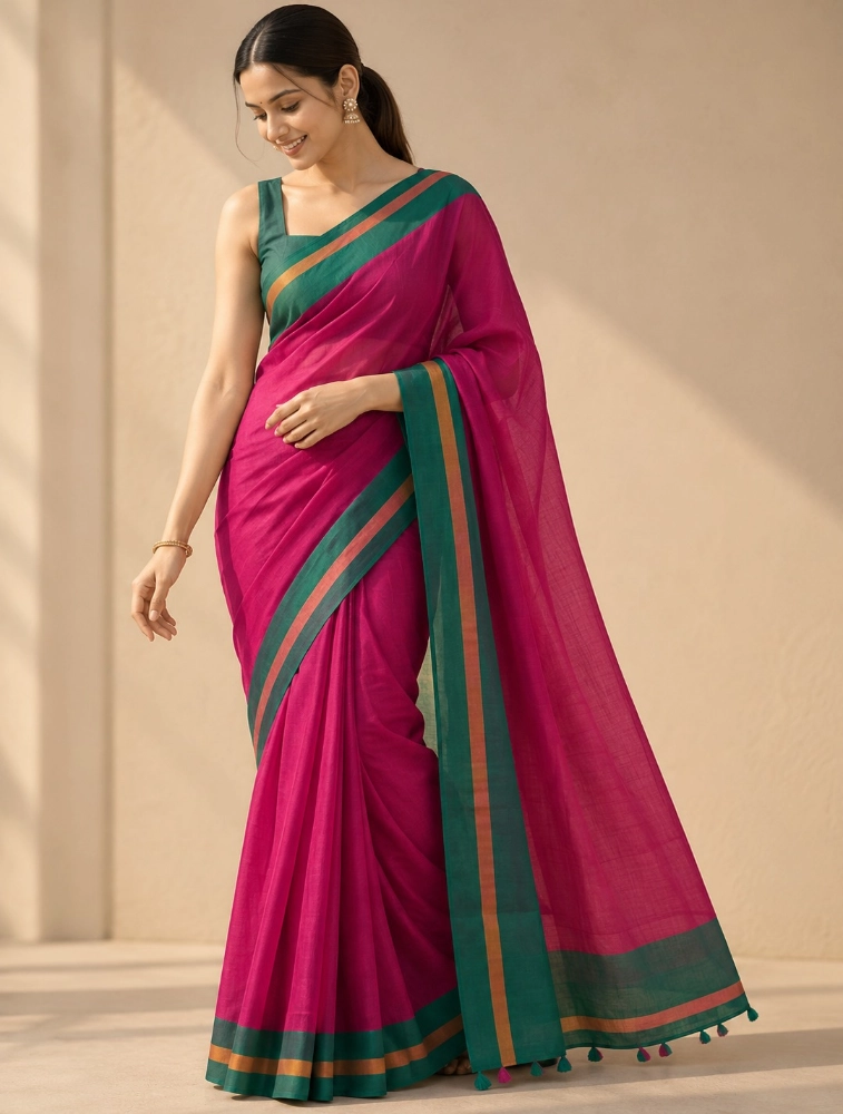 Pink Womens Premium Mul Cotton Saree