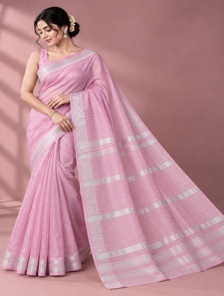 Pink Womens Premium Paper Cotton Saree
