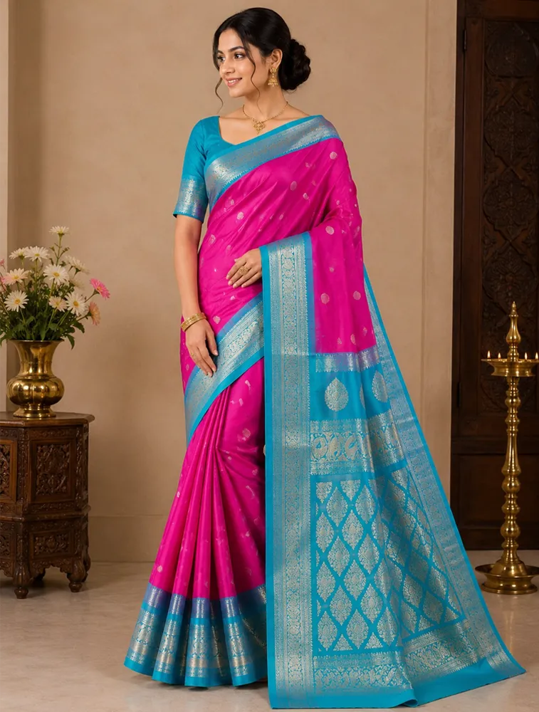 Pink Womens Premium Semi Gadwal Sarees
