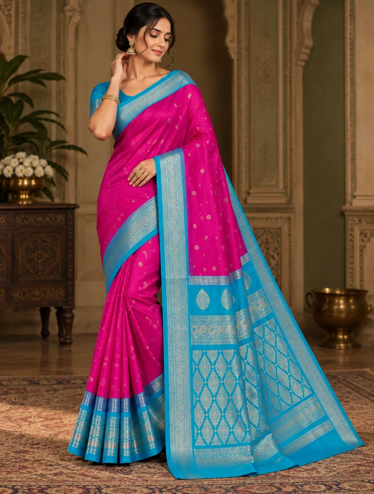 Pink Womens Premium Semi Gadwal Sarees