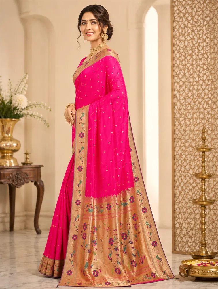 Pink Womens Premium Semi Paitani Sarees With Flower Border