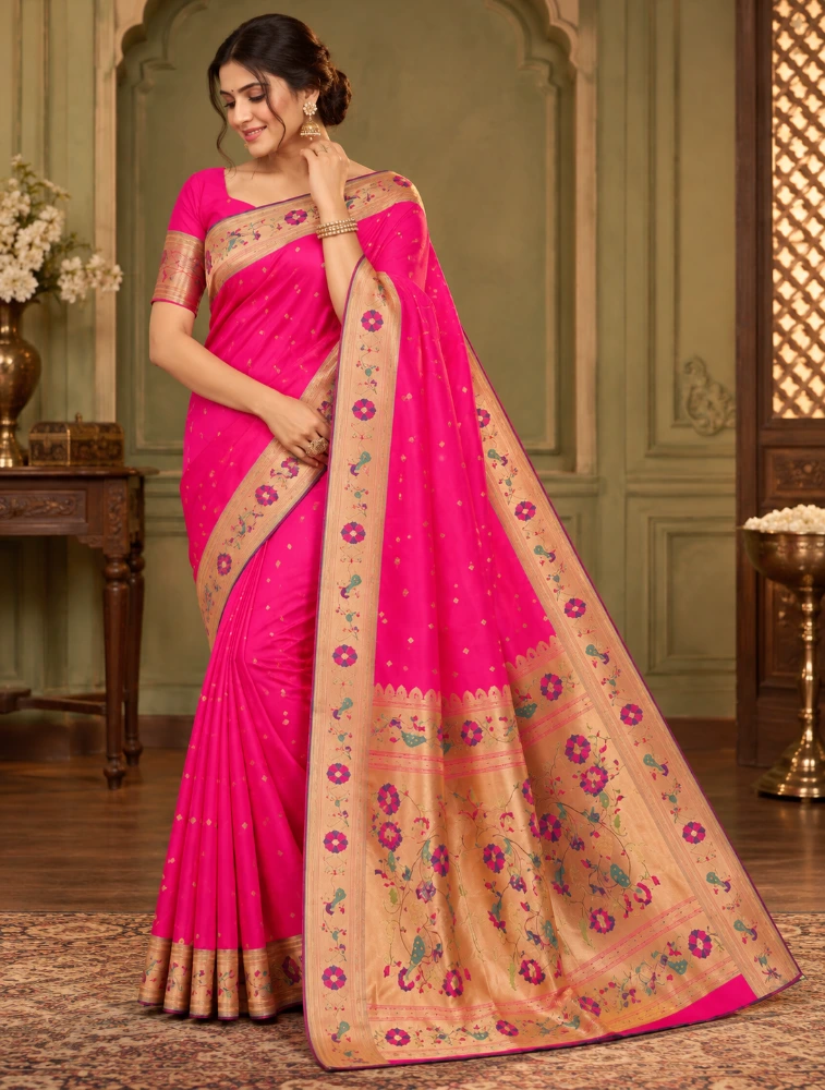 Pink Womens Premium Semi Paitani Sarees With Flower Border