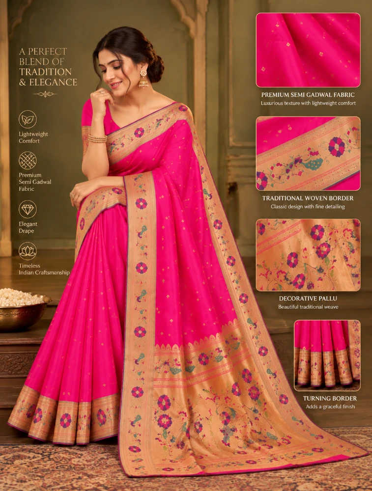 Pink Womens Premium Semi Paitani Sarees With Flower Border