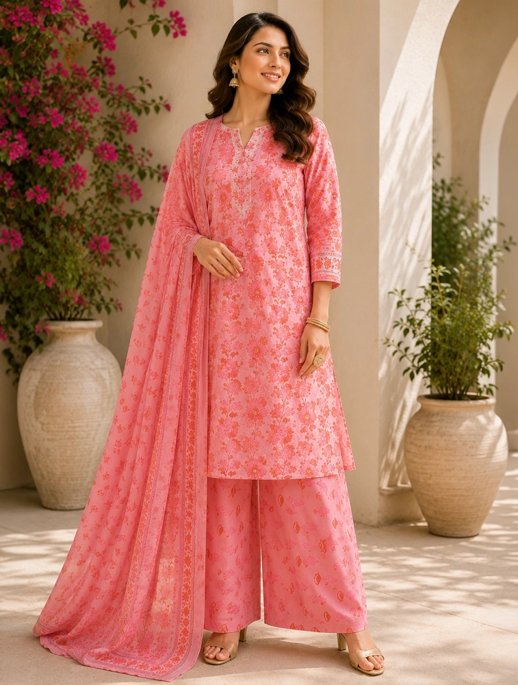Pink Womens Printed & Embroidered Kurta Sets With Dupatta 