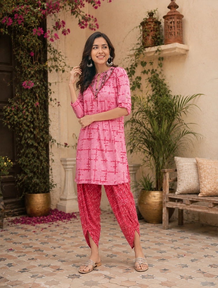 Pink Womens Printed Cotton Kurta Set