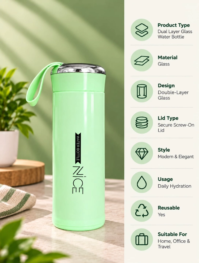 Pista Green Dual Layer Glass Water Bottle