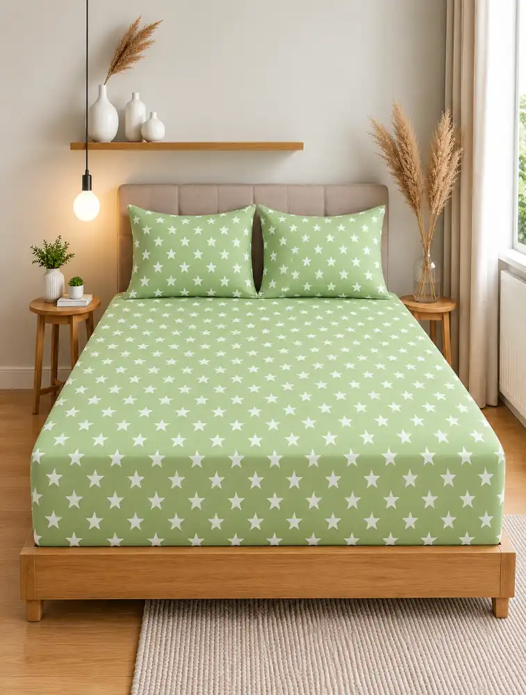 Pista Green Elasticated King Sized Bedsheet and Pillow Covers Set  