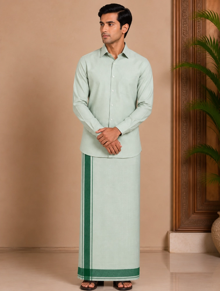 Pista Green Mens Premium Plain Tissue Silk Shirt and Dhoti Set