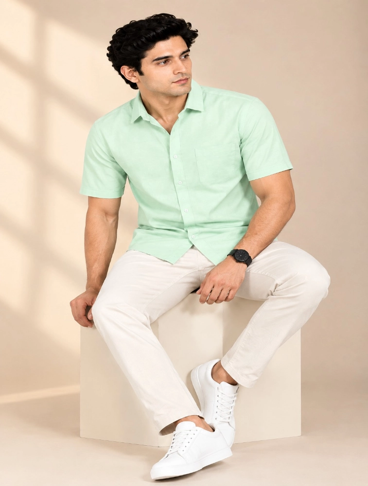Pista Green Mens Slim Fit Solid Casual Shirt