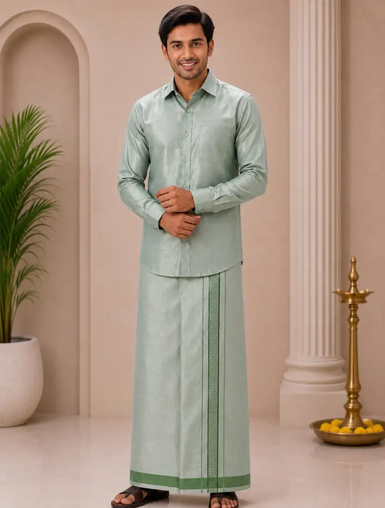 Pista Green Mens Special Tissue Shirts and Dhoti Set