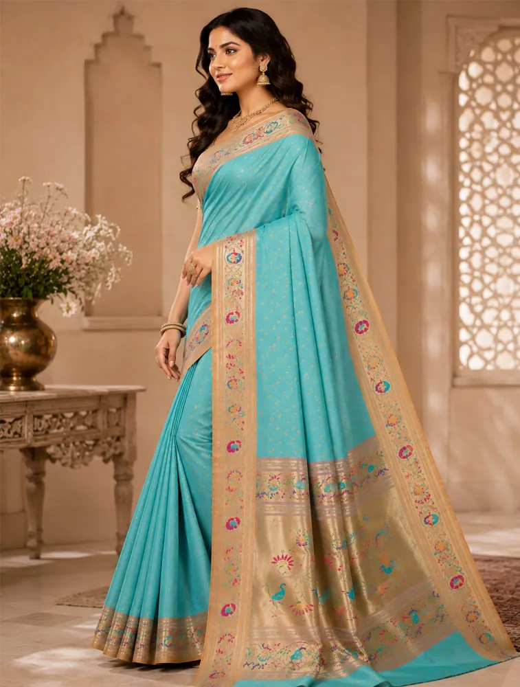 Blue Womens Premium Semi Paitani Sarees With Flower Border