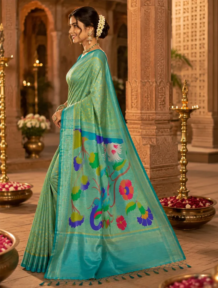 Pista Green Womens Premium Semi Paitani Sarees With Munia border