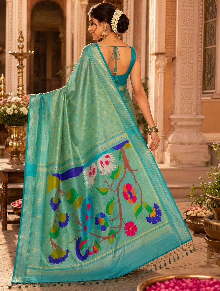 Pista Green Womens Premium Semi Paitani Sarees With Munia border — bulk from ₹3491