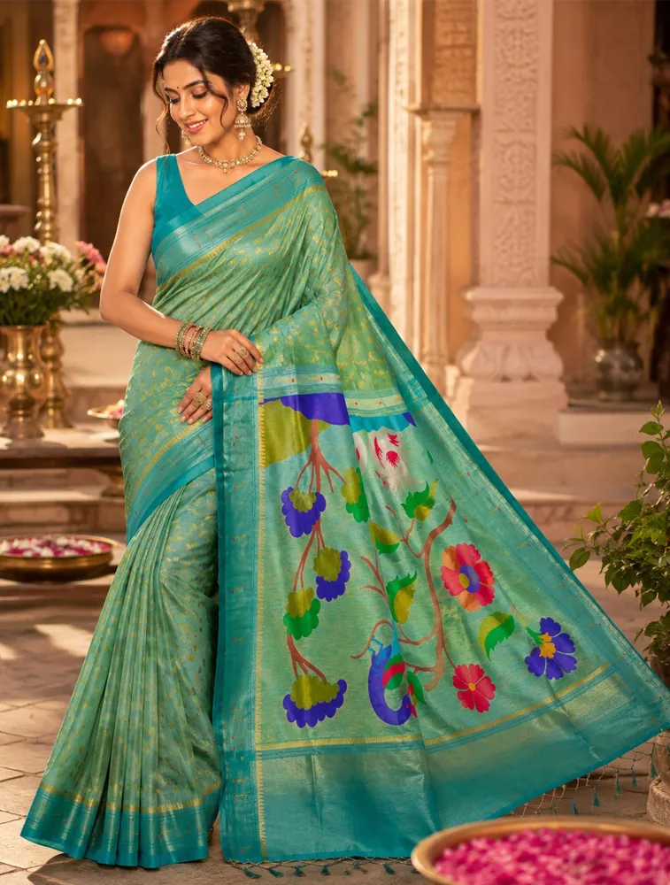 Pista Green Womens Premium Semi Paitani Sarees With Munia border