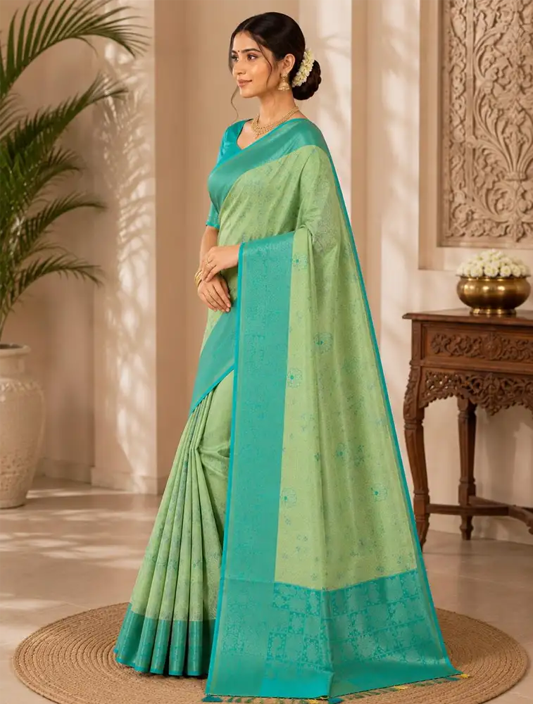 Pista Green Womens Printed Luxury Jarri Soft Silk Saree   