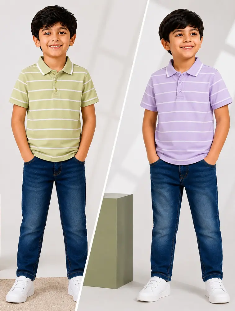  Pista Green and Light Purple Combo Boys Kids 190 GSM Striped Half Sleeve Polo T Shirt