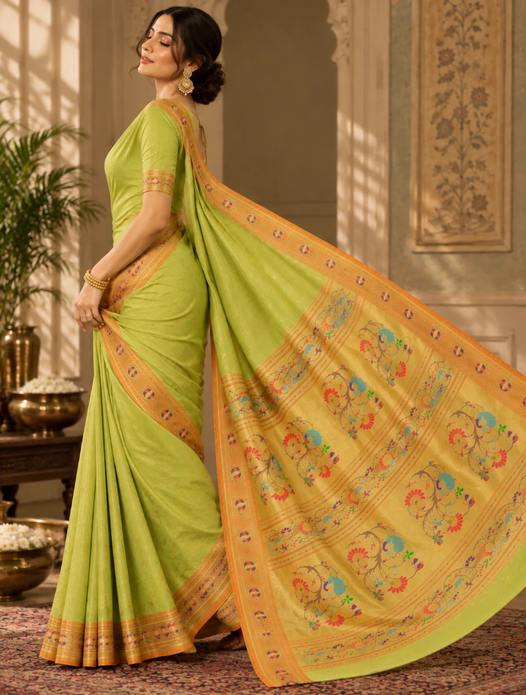 Pistachi Green Womens Premium Semi Paitani Sarees With Peacock Border