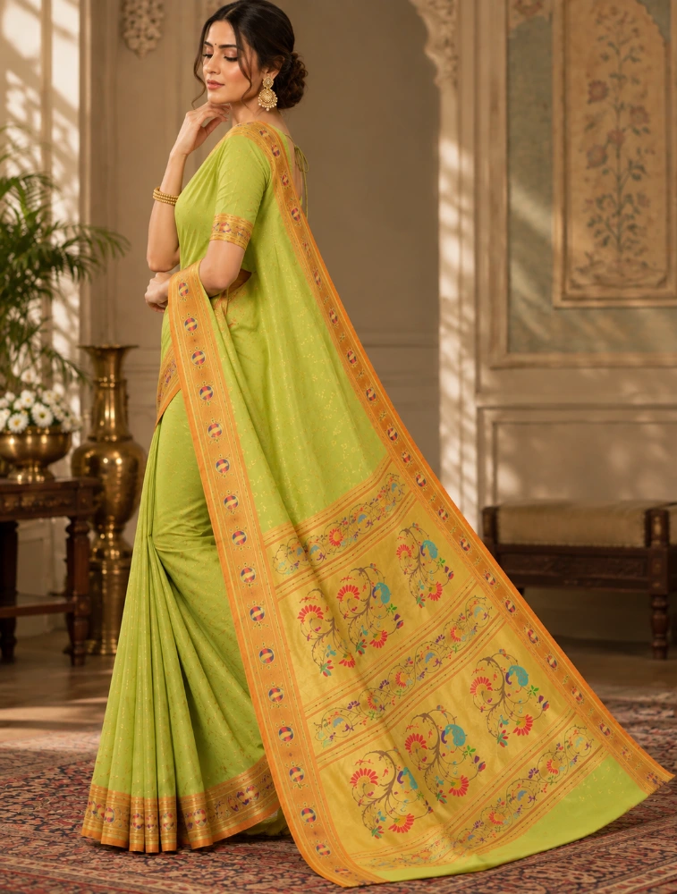 Pistachi Green Womens Premium Semi Paitani Sarees With Peacock Border