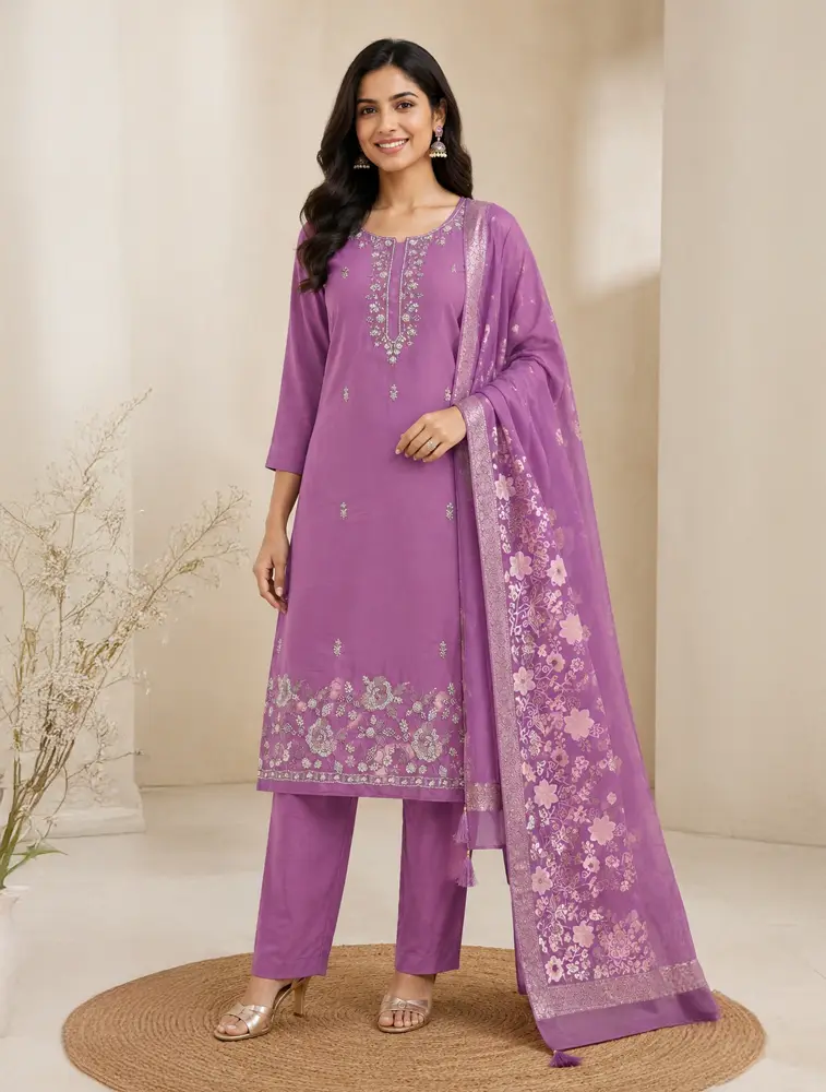 Plum Purple Womens printed cotten Kurtha set with Dupatta