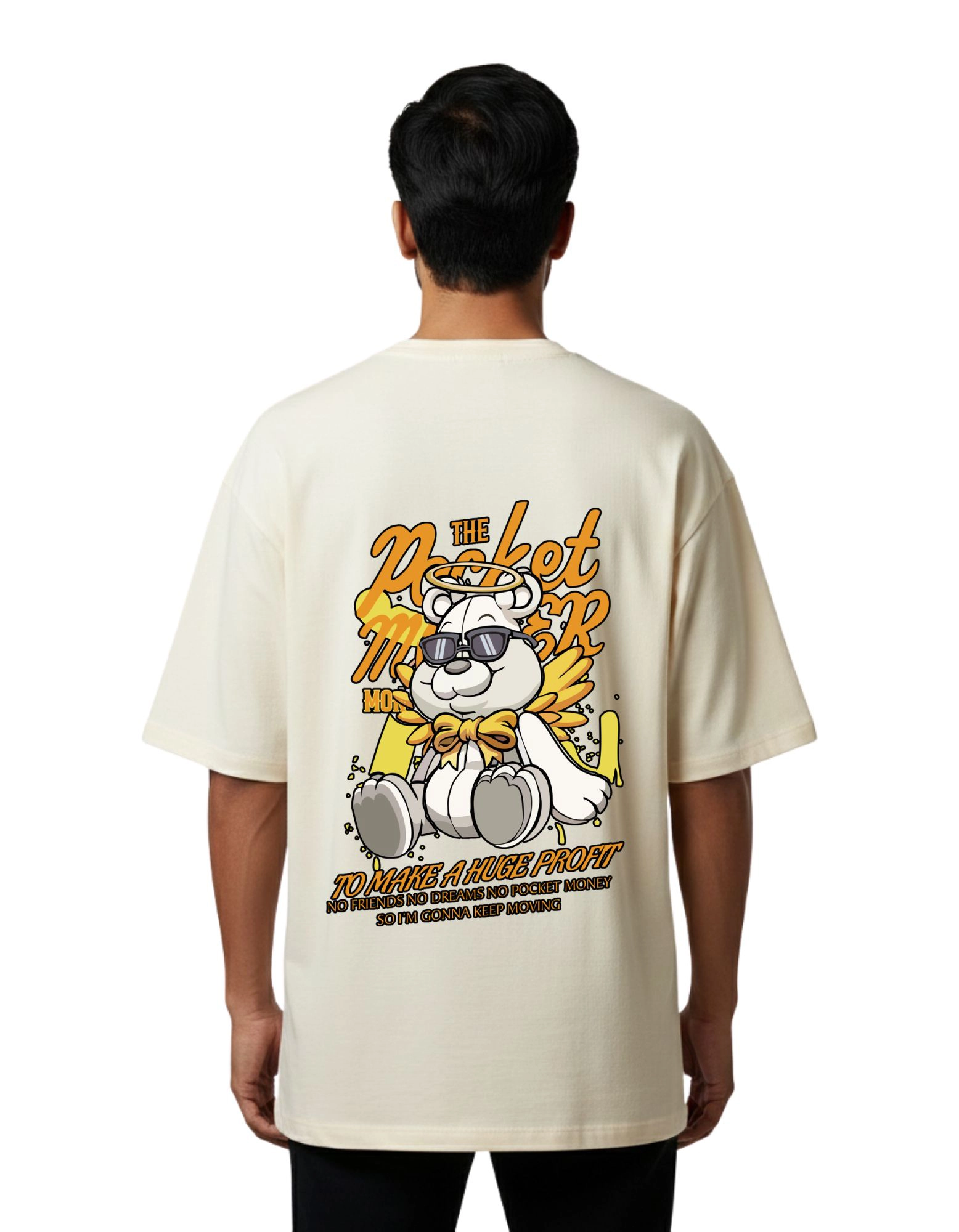Pocket Money Bear Graphic Oversized Cotton French Terry T-Shirt 240 GSM Beige