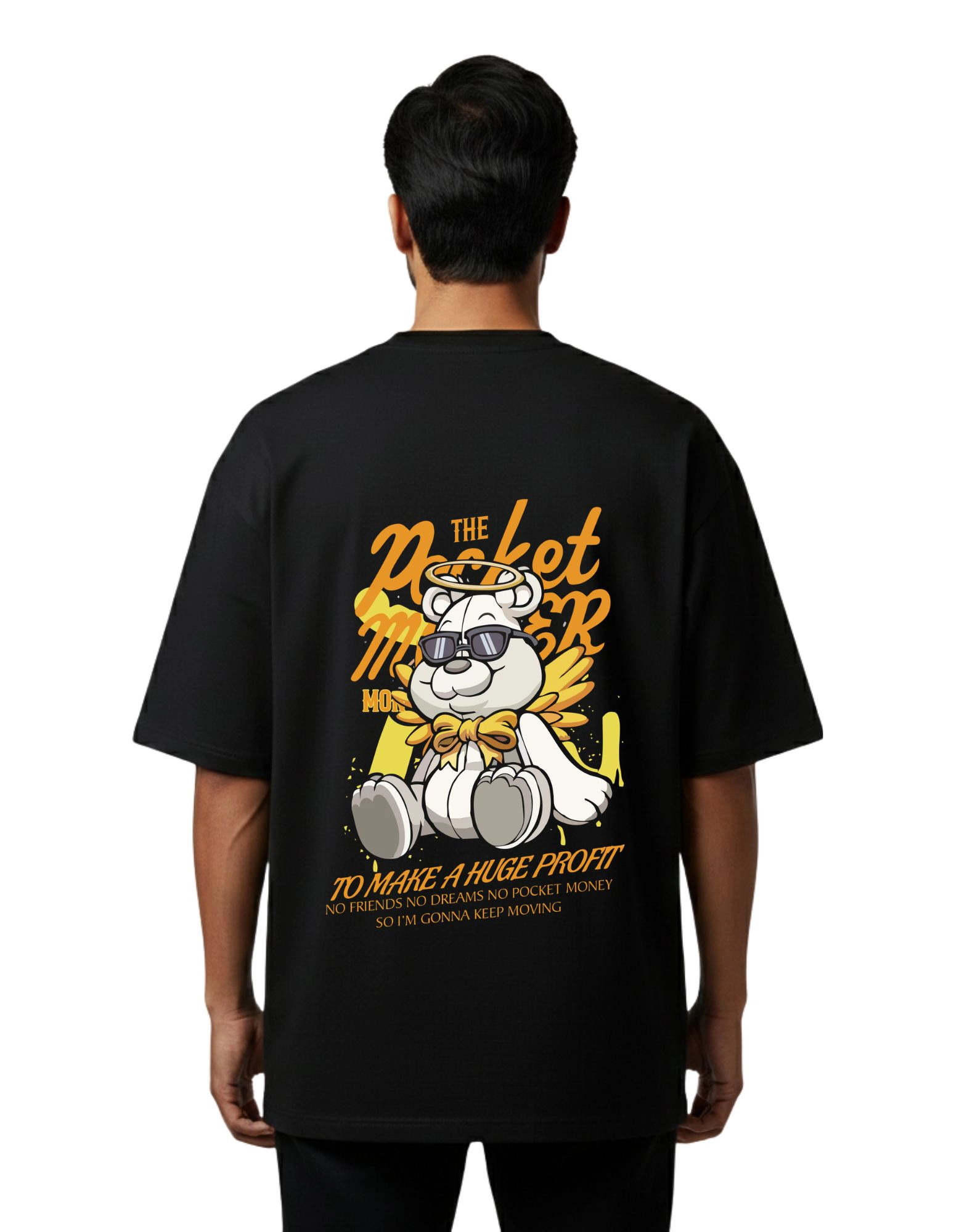 Pocket Money Bear Graphic Oversized Cotton French Terry T-Shirt 240 GSM Black