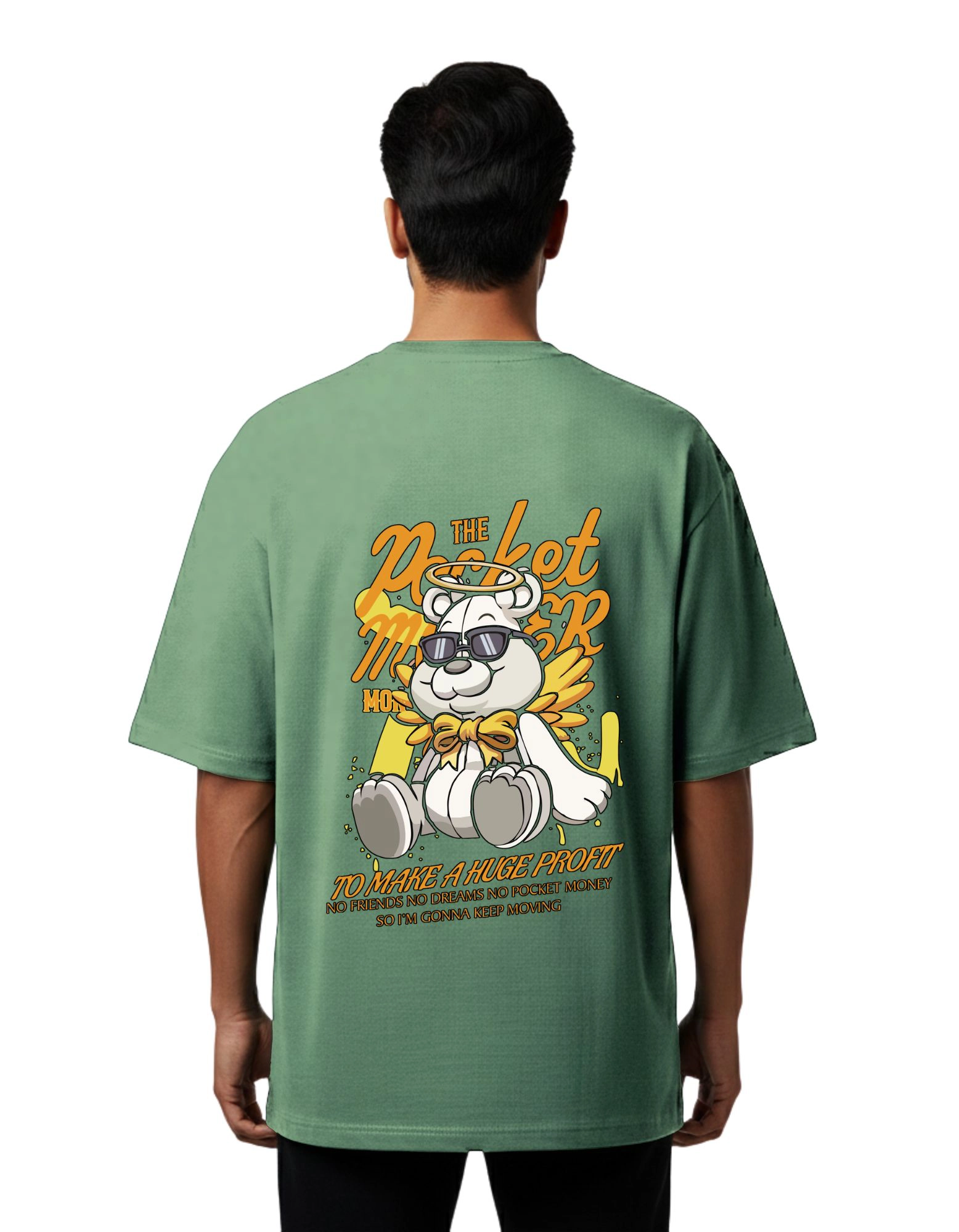 Pocket Money Bear Graphic Oversized Cotton French Terry T-Shirt 240 GSM D Green