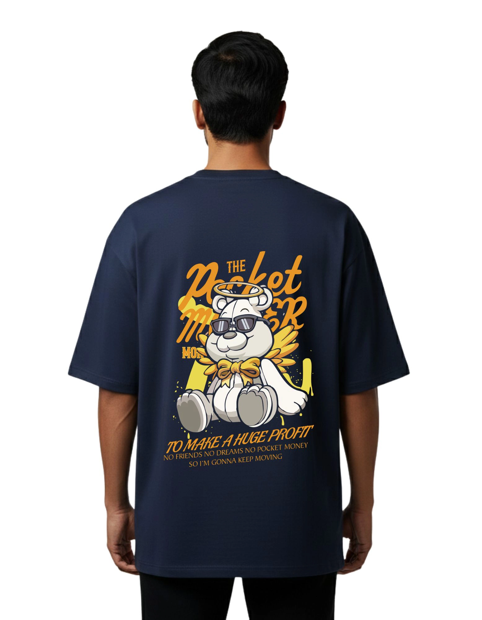 Pocket Money Bear Graphic Oversized Cotton French Terry T-Shirt 240 GSM Navy Blue