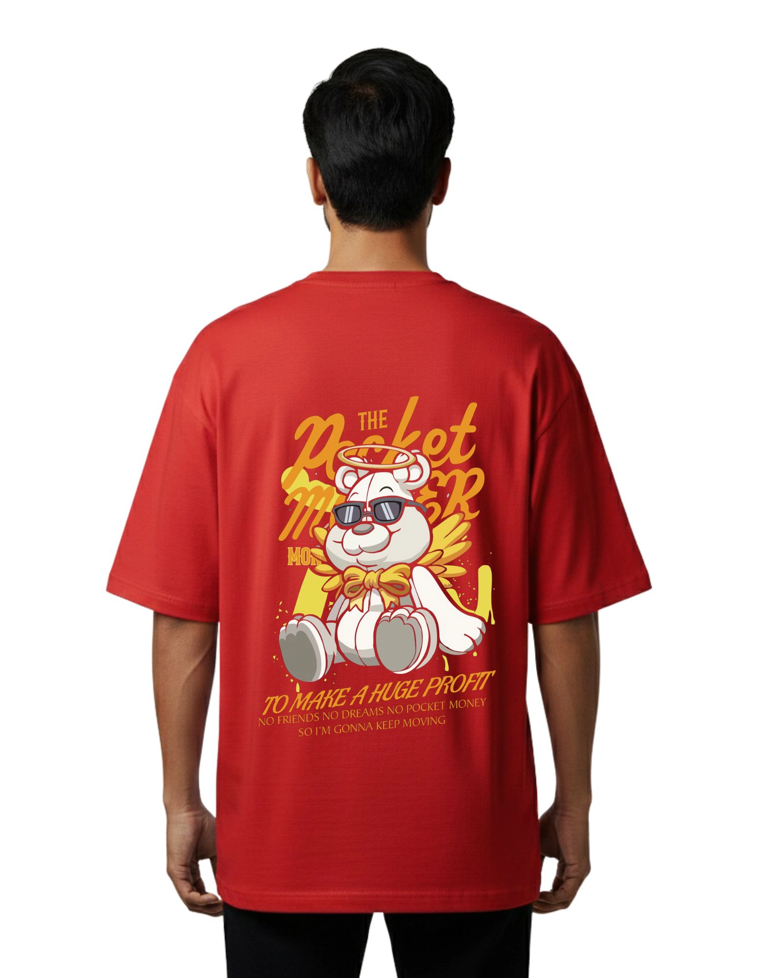 Pocket Money Bear Graphic Oversized Cotton French Terry T-Shirt 240 GSM Red