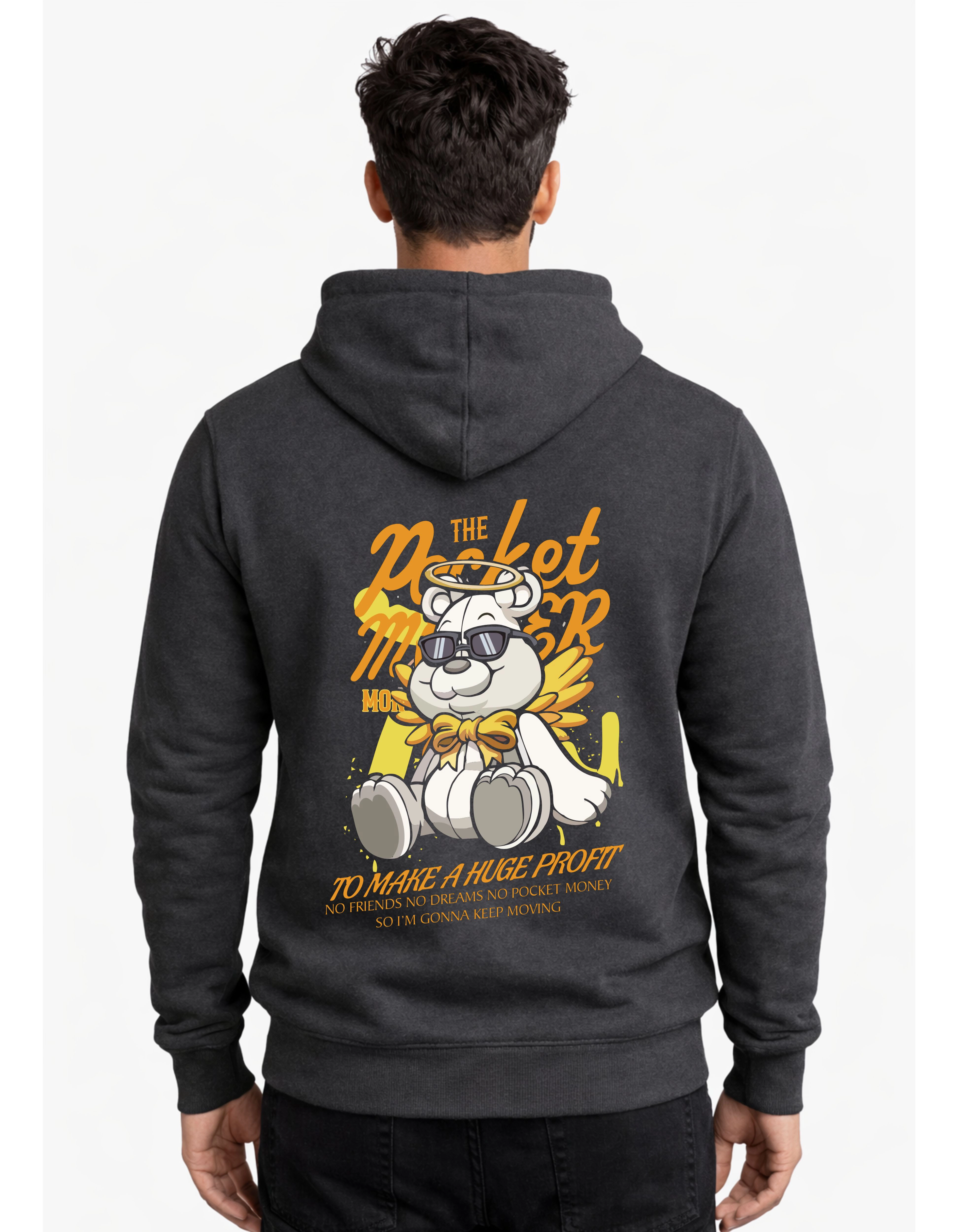 Pocket Money Bear Graphic Polycotton Hoodie Without Zipper 300 GSM Charcoal