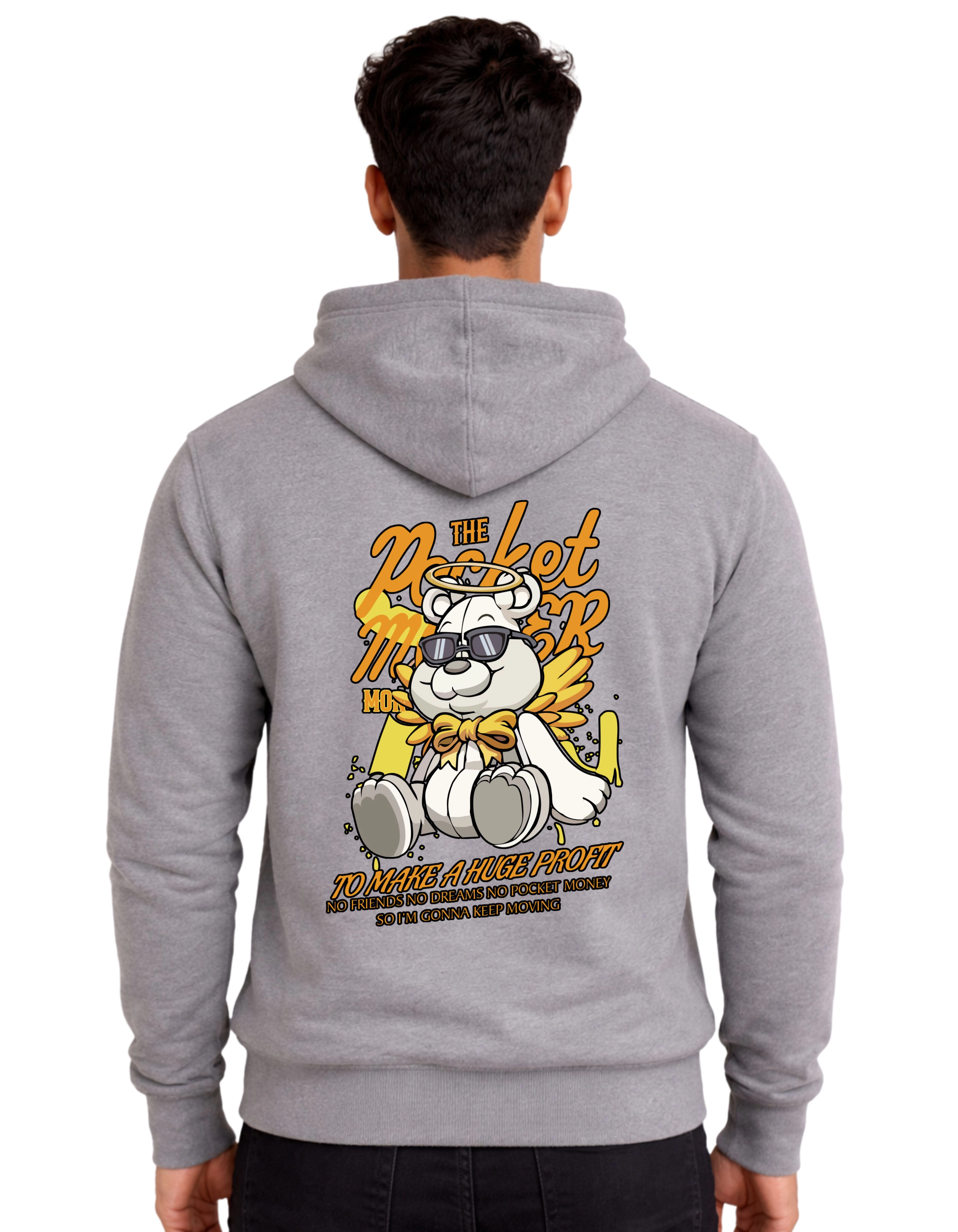 Pocket Money Bear Graphic Polycotton Hoodie Without Zipper 300 GSM Grey