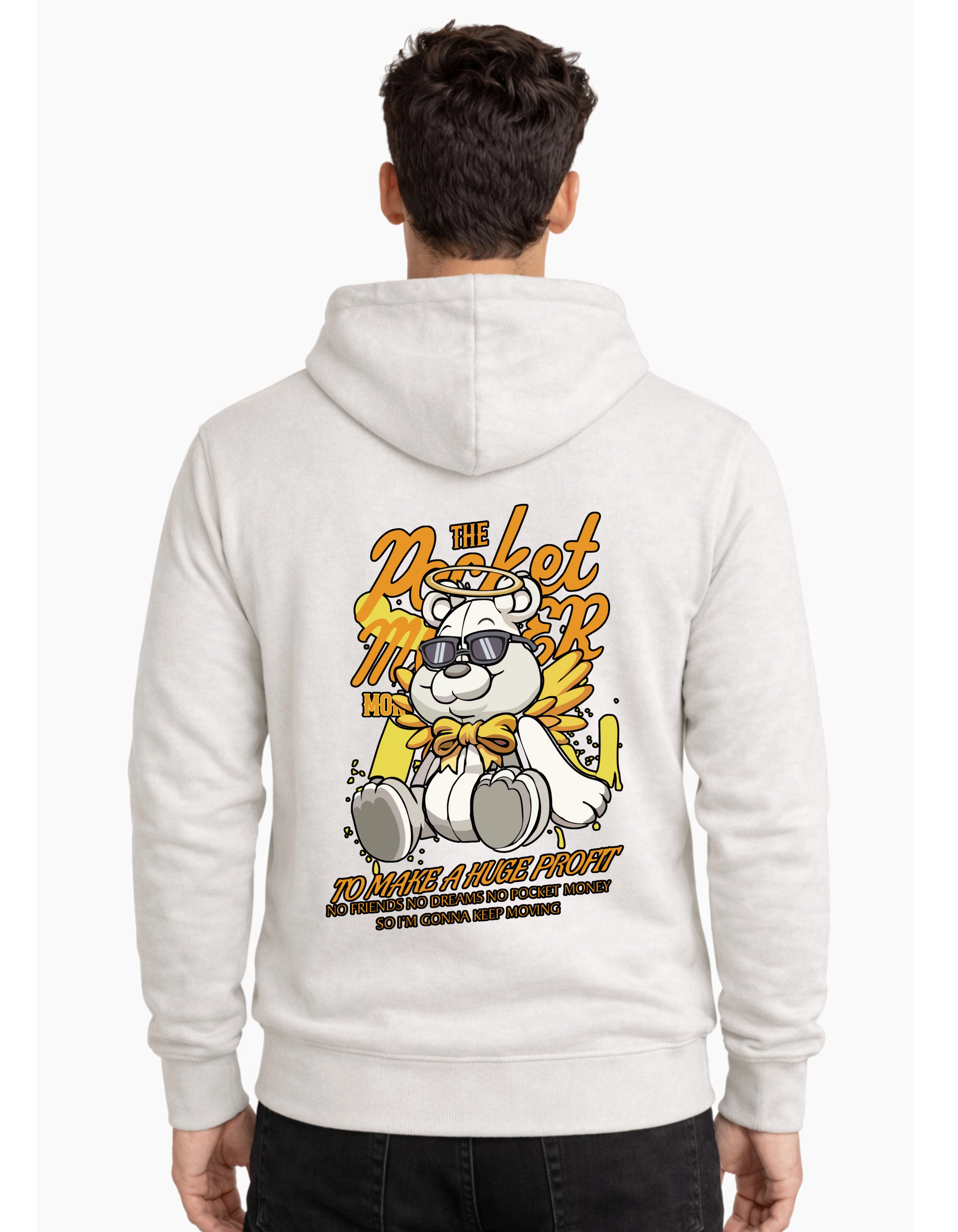 Pocket Money Bear Graphic Polycotton Hoodie Without Zipper 300 GSM Half White