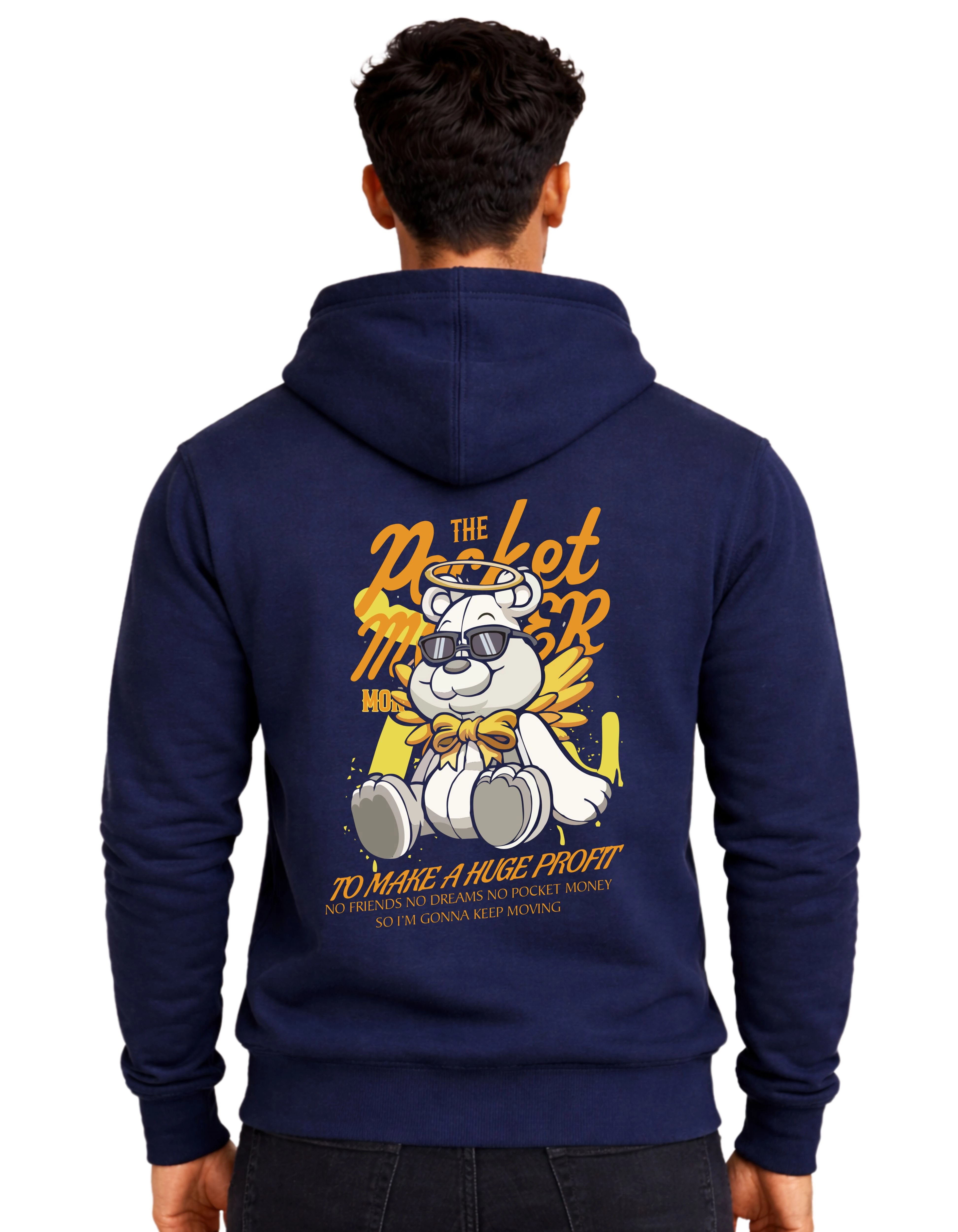 Pocket Money Bear Graphic Polycotton Hoodie Without Zipper 300 GSM Navy Blue
