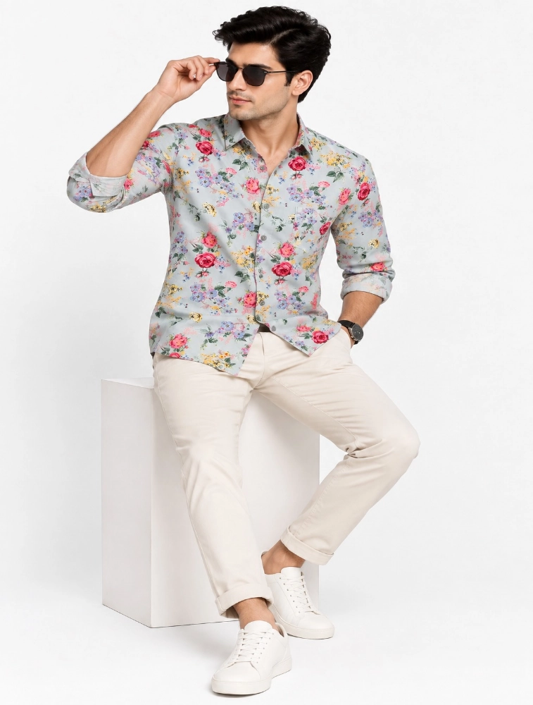 Powder Blue Mens Premium Slim Fit Printed Shirt