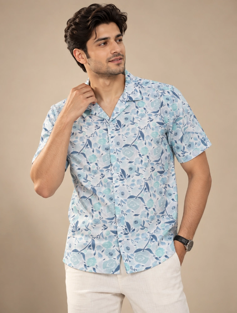 Powder Blue Mens 100 percent cotton half sleeve printed shirt