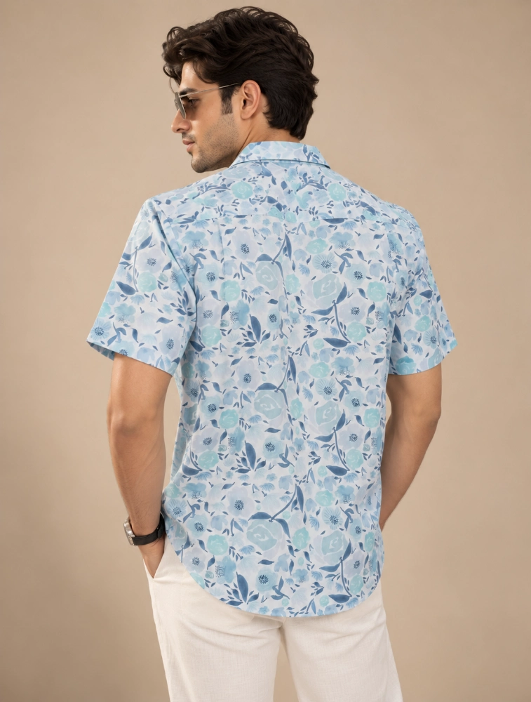 Powder Blue Mens 100 percent cotton half sleeve printed shirt