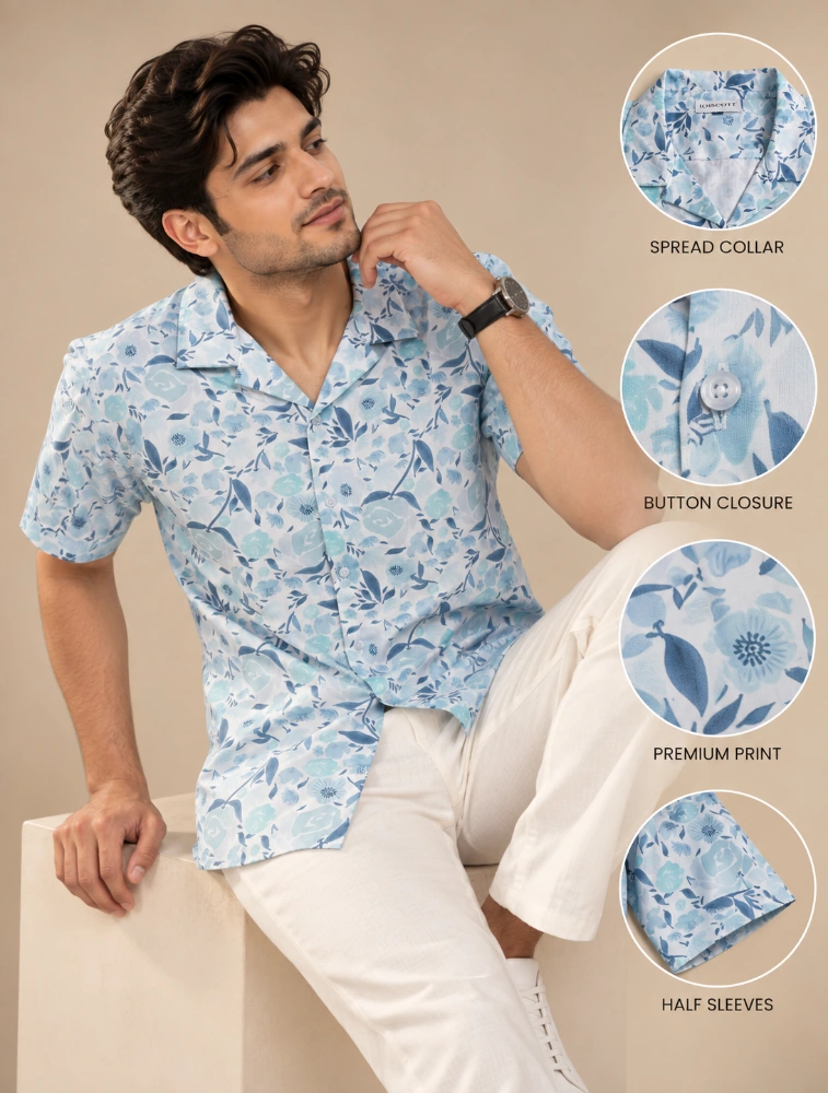 Powder Blue Mens 100 percent cotton half sleeve printed shirt