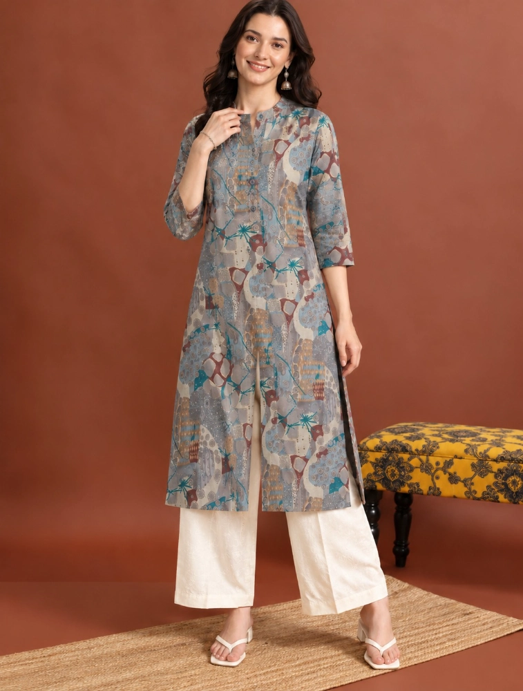 Powder Grey Aarvika Abstract Elegance Printed Kurti