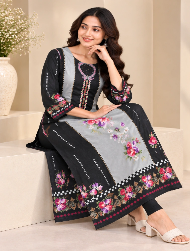 Powder Grey Womens Graceful Ethnic Embroidered Kurta
