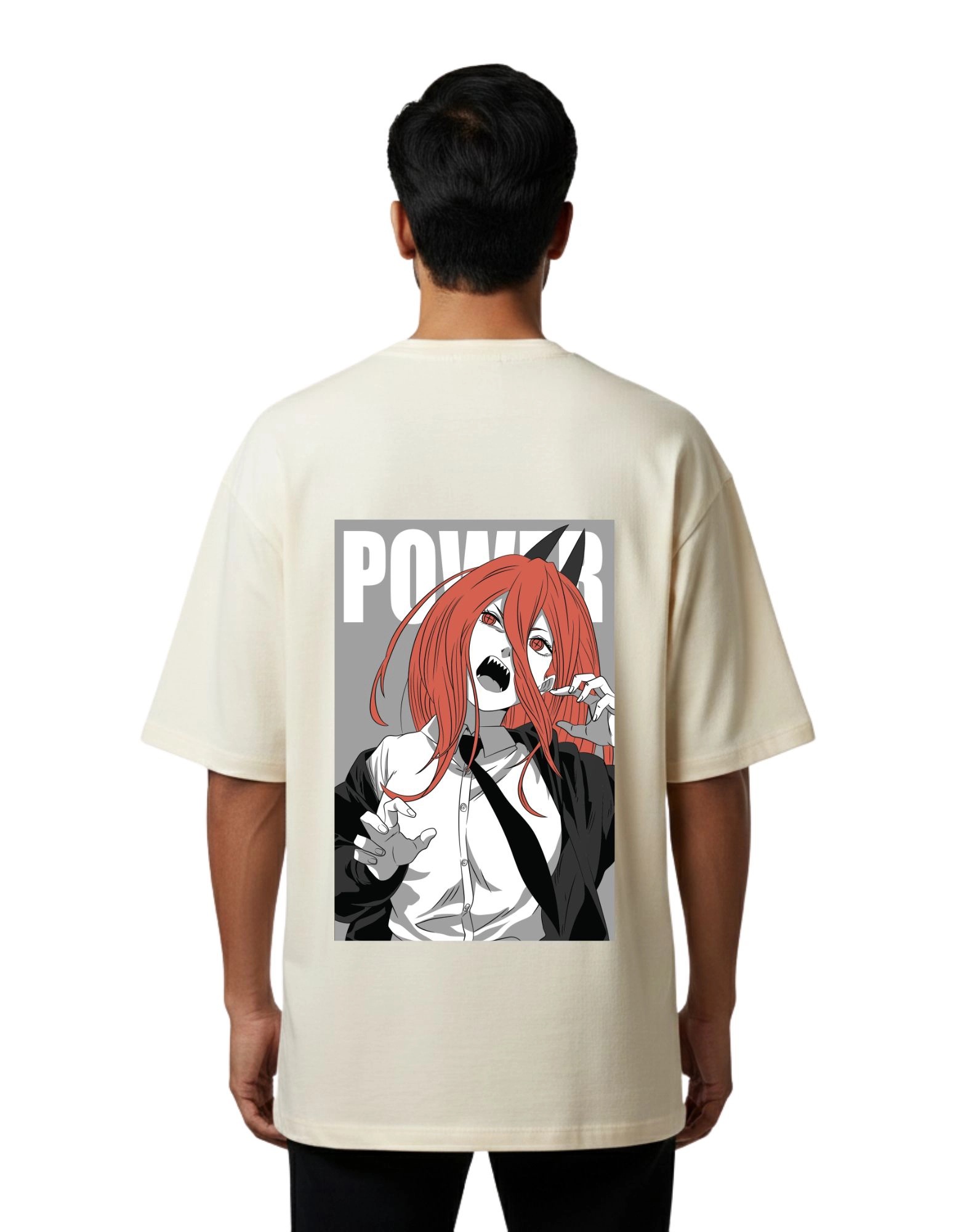 Power Anime Graphic Oversized French Terry Cotton 240 GSM T-Shirt Beige
