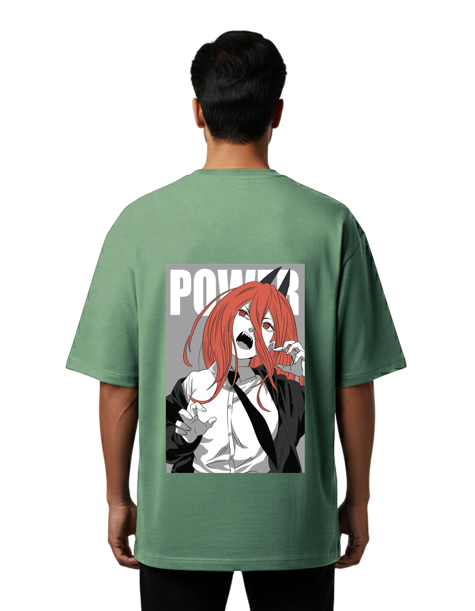 Power Anime Graphic Oversized French Terry Cotton 240 GSM T-Shirt D Green