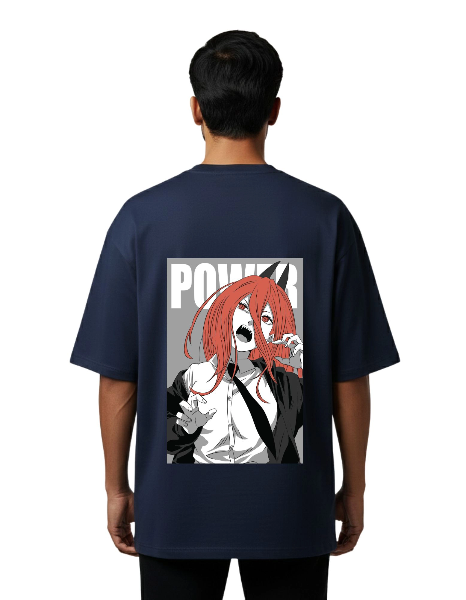 Power Anime Graphic Oversized French Terry Cotton 240 GSM T-Shirt Navy Blue