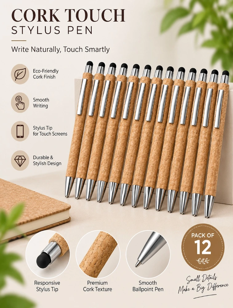 Premium Wooden Cork Stylus Ball Pen Pack of 12 — bulk from ₹350