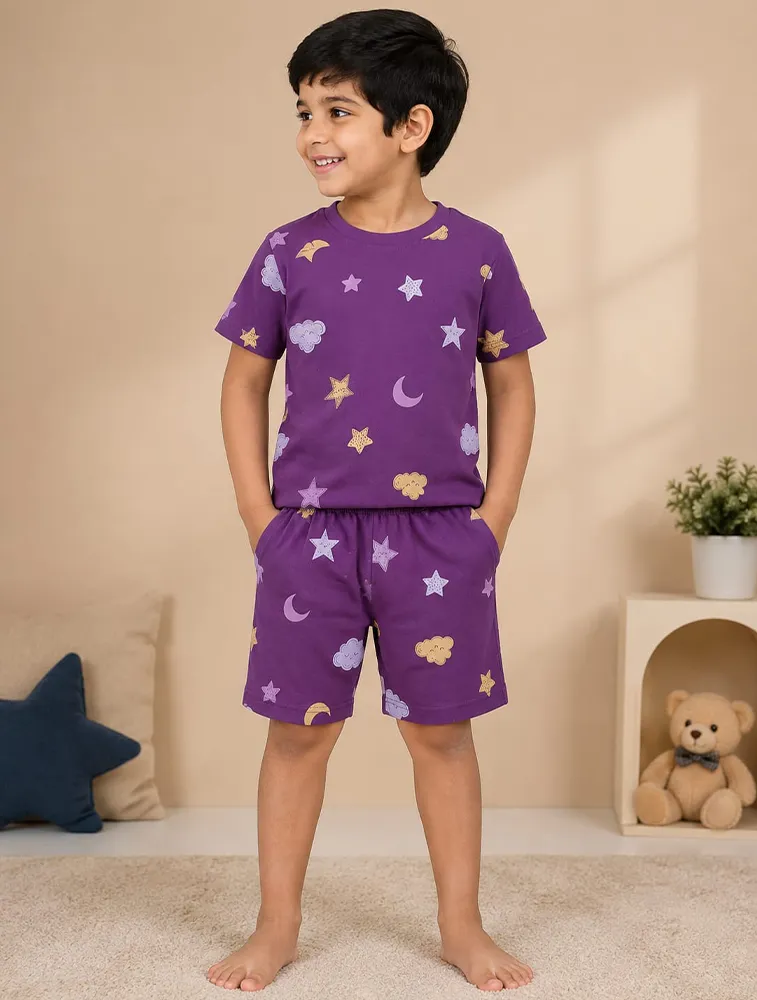 Purple Kids Premium Printed T Shirt and Shorts set