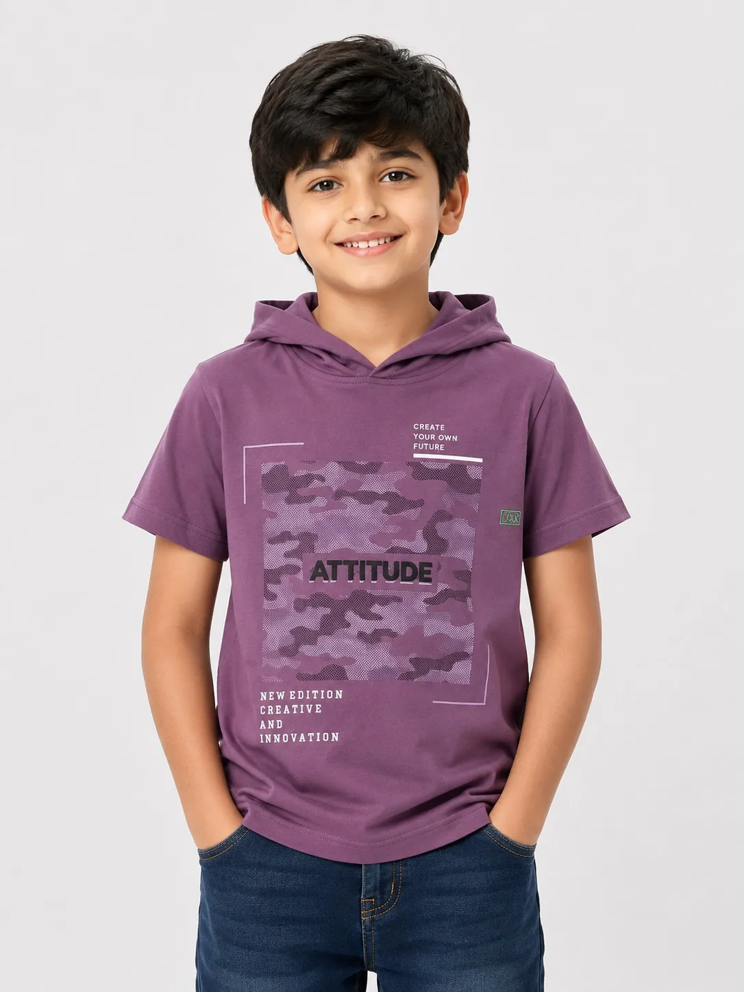 Purple Boys Premium Printed Half Sleeve Cooper Hood  T Shirt