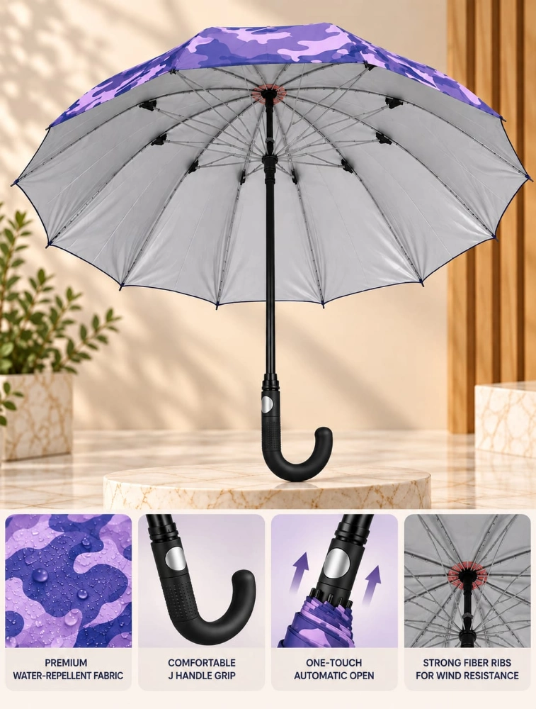 Purple Classic Plaid J Handle Windproof Umbrella