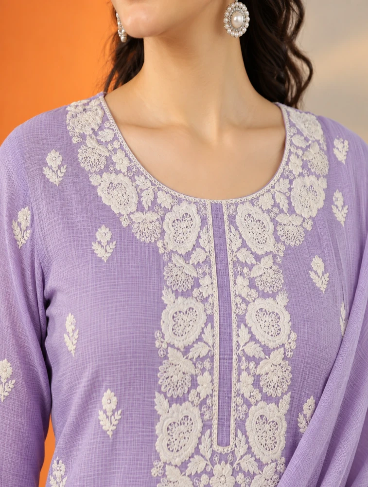 Purple Ethnic Motifs Yoke Design Straight Embroidered Kurta with Pant and Duppatta Set