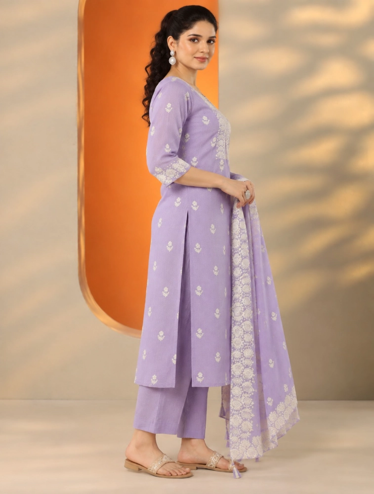 Purple Ethnic  Motifs Yoke Design Straight Embroidered Kurta with Pant and Duppatta Set
